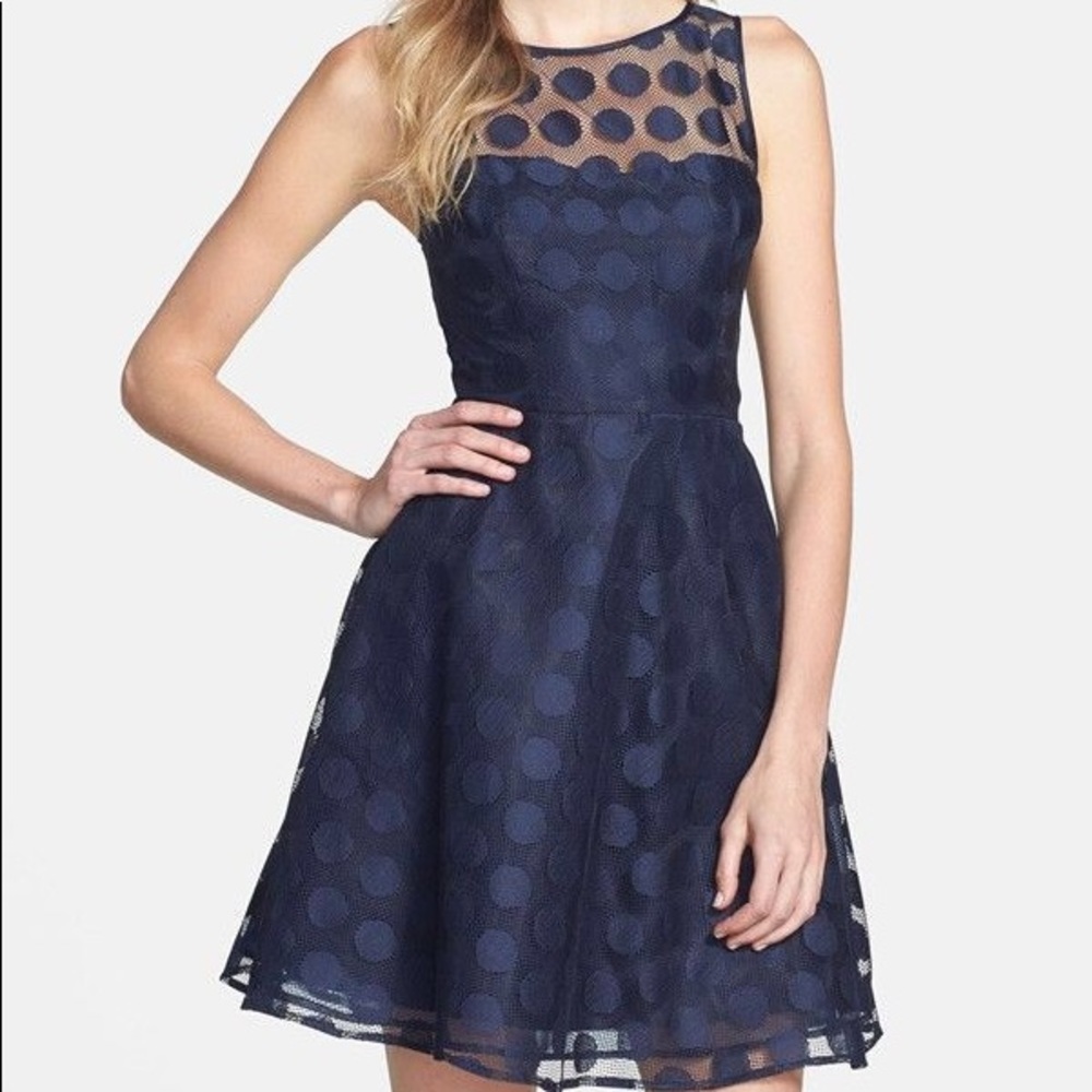 Sleeveless Illusion Polka Dot Dress Navy